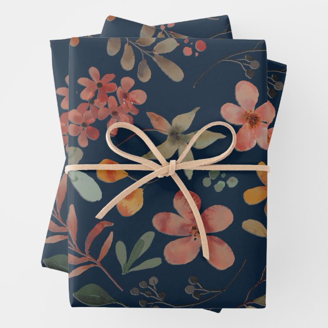 Antikes Aquarell Druckflora auf Marine Geschenkpapier Set (Beispiel)
