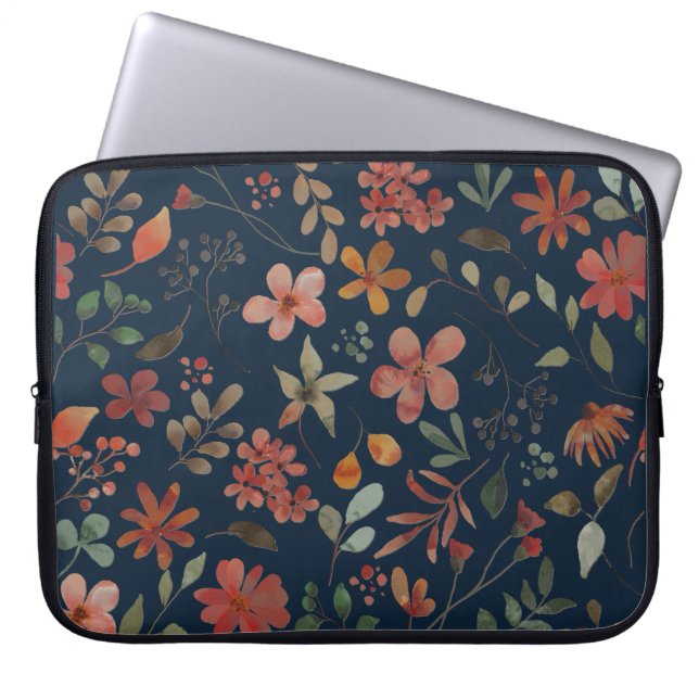 Antikes Aquarell Druckflora auf Marine Laptopschutzhülle (Vorderseite)