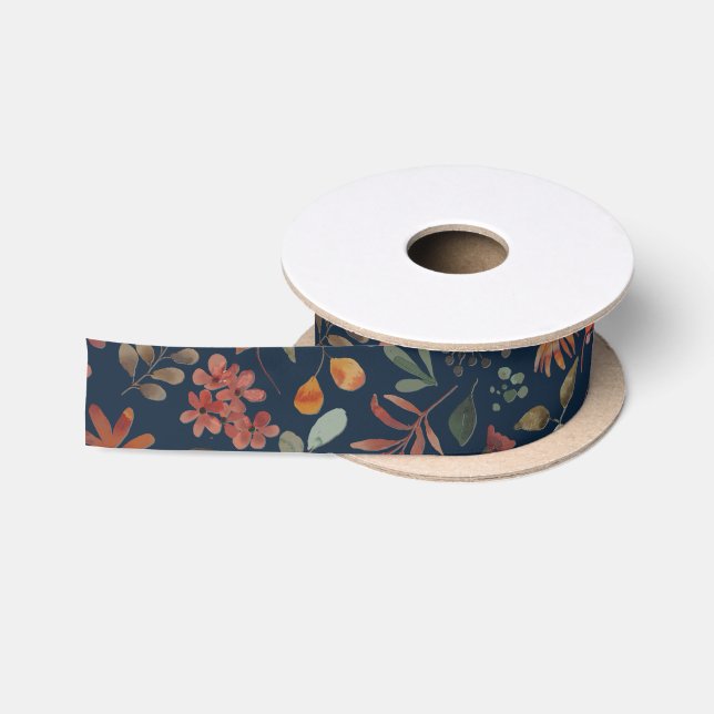 Antikes Aquarell Druckflora auf Marine Satinband (Spule)
