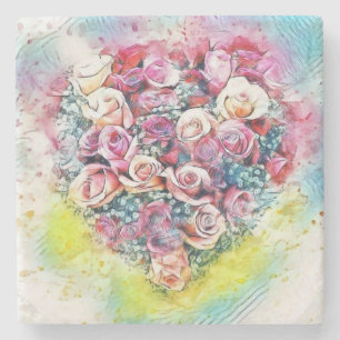 Antikes Aquarell von farbenfrohen Rosen Herz  Steinuntersetzer
