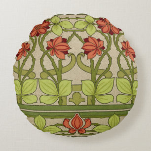 Antikes Art Nouveau Muster in Salbeigrün mit Blume Rundes Kissen