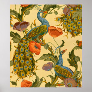 Antikes Art Nouveau Pfau Mohn Blumenmuster Poster