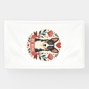Antikes Be Mine Corgi Valentinstag Floral Folk Art Banner