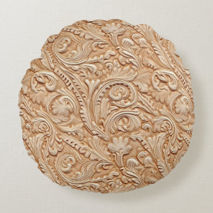 Antikes beige geschnitztes Kunstleder Rundes Kissen