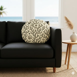 antikes beige Korallenriffmuster mit Handzeichnung Rundes Kissen