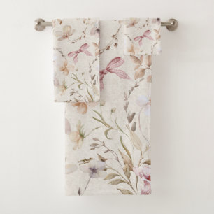 Antikes beiges Blumen- und Gingham-Schleifenband Badhandtuch Set