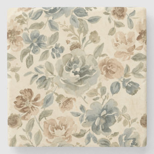 Antikes Blau Braun Salbei Beige Aquarell Blumenmus Steinuntersetzer