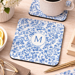 Antikes Blau Chinoiserie Monogramm Getränkeuntersetzer