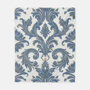 Antikes Blau und Gold Barock Damast Fleecedecke