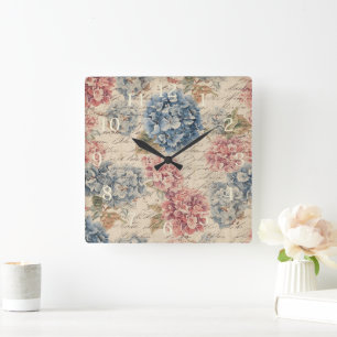 Antikes Blau und Rosa Hortensien-Ephemere Schrift Quadratische Wanduhr