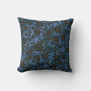 Antikes Blau und Schiefergrau Blumenmuster Kissen