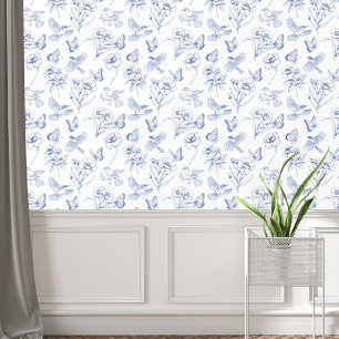 Antikes Blau-Weiß-Blumen-Schmetterling-Vögel-Toile Tapete