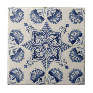 Antikes Blau Weiß Geometrisches Blumenmuster Fliese
