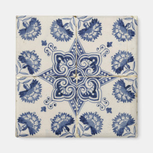 Antikes Blau Weiß Geometrisches Blumenmuster Magnet