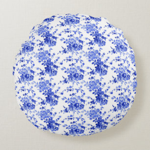 Antikes blau-weißes Blumenmuster Rundes Kissen