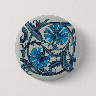 antikes blaues Blumen-Grafik-Design im Vintage-Sti Button