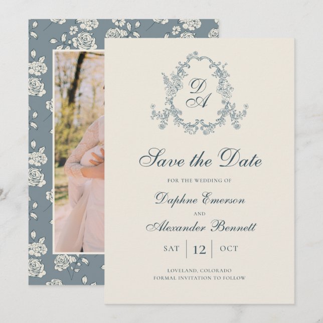Antikes blaues Blumenmuster mit Monogramm Save The Date (Vorne/Hinten)