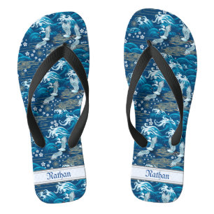 Antikes blaues chinesisches Muster Wellen Kraniche Flip Flops