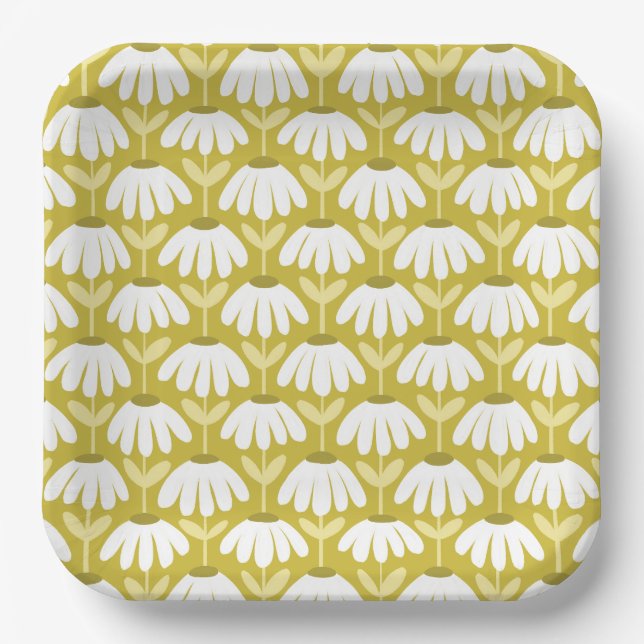 Antikes Blumen-Daisy-Muster Oliv/Senfgrün Pappteller (Vorderseite)