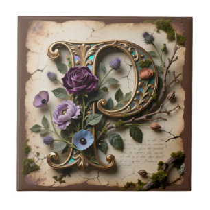 Antikes Blumen-Opaleszent-Initial P-Monogramm Fliese