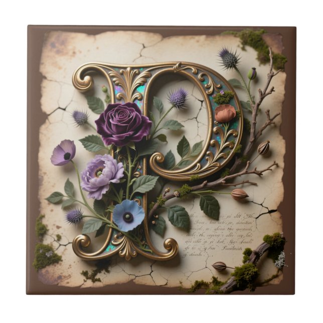 Antikes Blumen-Opaleszent-Initial P-Monogramm Fliese (Vorderseite)