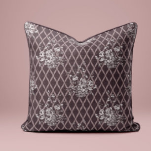 Antikes Blumen-Toile-Wurfkissen in Charcoal Taup Kissen