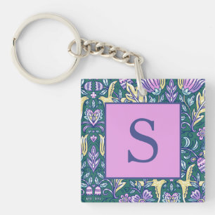 Antikes Blumen- und Vögelmuster-Monogramm Schlüsselanhänger