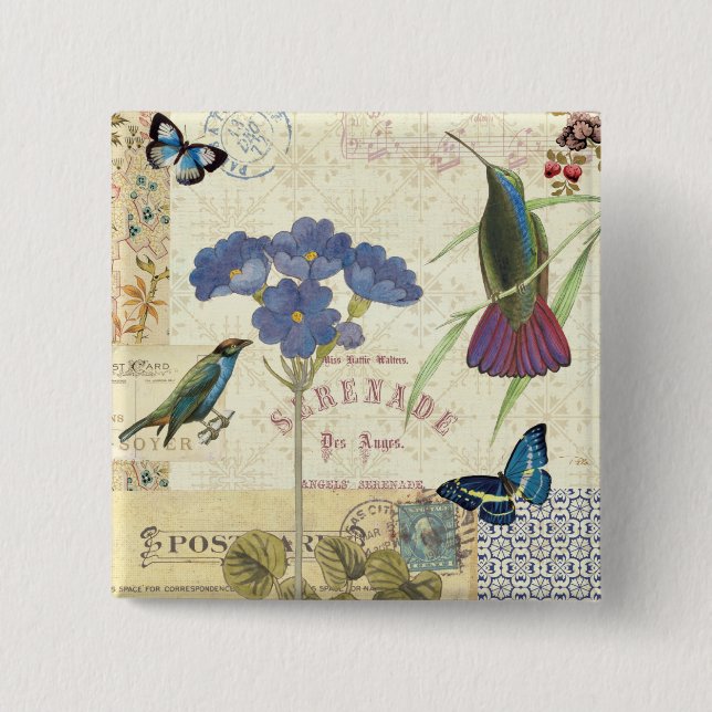 Antikes Blumenbouquet mit Vögeln und Schmetterling Button (Vorderseite)