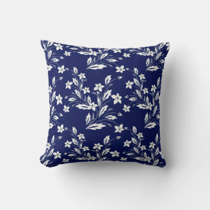 Antikes Blumenmuster in Marineblau und Weiß Kissen