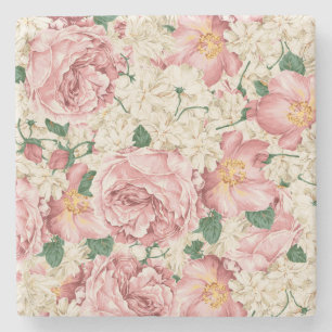 Antikes Blumenmuster mit Gartenrosen und Hortensie Steinuntersetzer