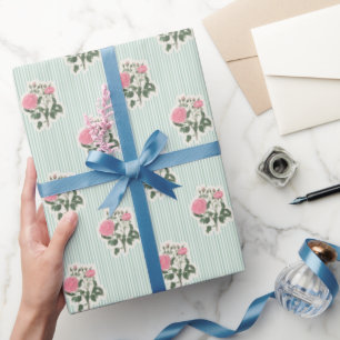 Antikes Blumenmuster Rosa Rosen Grüne Streifen Geschenkpapier