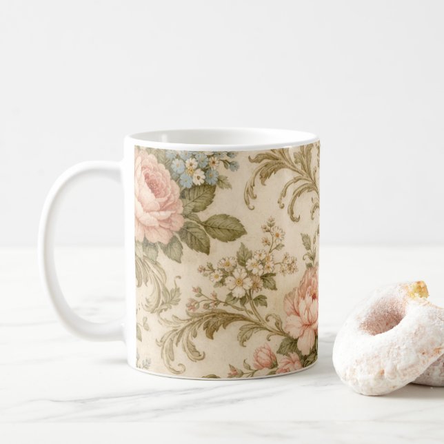 Antikes Blumenmuster Tapete  Kaffeetasse (Mit Donut)