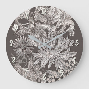 Antikes Blumig Modern Elfenbein & Grau Botanischer Große Wanduhr