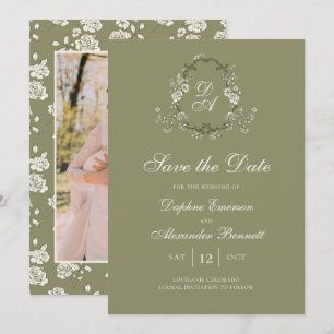 Antikes Botanisches in Salbeigrün mit Monogramm Save The Date