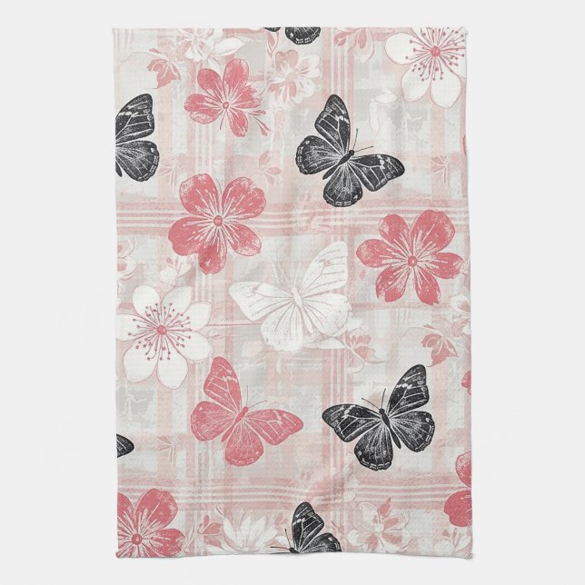 Antikes botanisches Schmetterlings-Toile-Muster (3 Geschirrtuch (Vertikal)