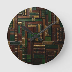 Antikes Bücherregal der Bibliothek Grün Gold Runde Wanduhr