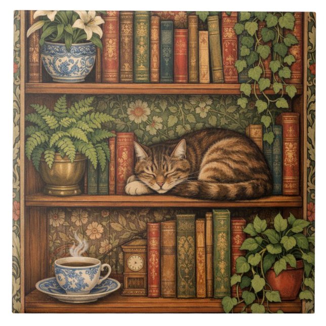 Antikes Bücherregal mit Katze und Kaffee Fliese (Vorderseite)