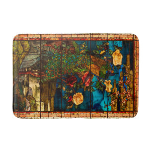 Antikes Buntglas mit Pfauen und Blumen Badematte