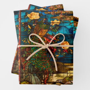 Antikes Buntglas mit Pfauen und Blumen Geschenkpapier Set