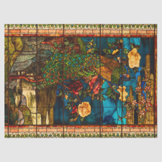 Antikes Buntglas mit Pfauen und Blumen Seidenpapier