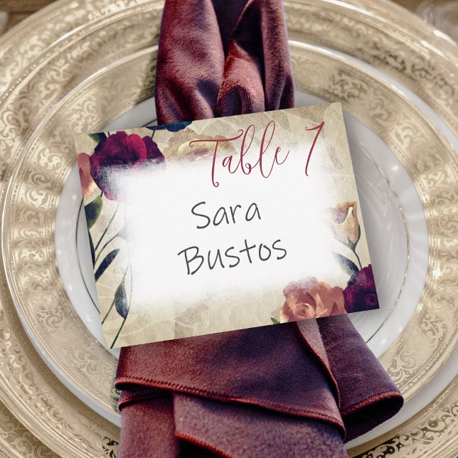 Antikes Burgund Beige Rose Hochzeit Tischnummer (burgundy red roses, beige wedding place card, table reserved table name card, elegant script)