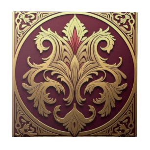 Antikes burgunderrot und goldene Art Nouveau Blume Fliese