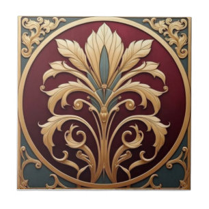 Antikes burgunderrot und goldene Art Nouveau Blume Fliese