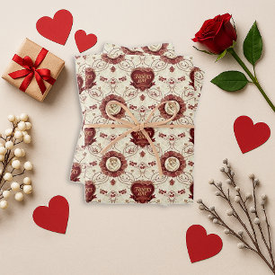 Antikes burgunderrotes florales Vater-Sohn-Muster Geschenkpapier Set