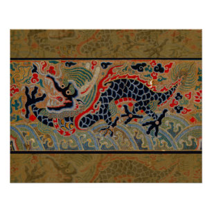 Antikes chinesisches Drache Seidenstickerei-Muster Poster