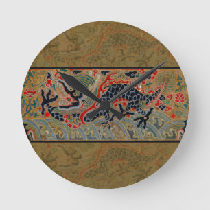 Antikes chinesisches Drachen-Seidenstickereimuster Runde Wanduhr