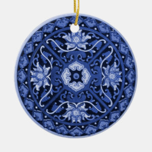 Antikes chinesisches Mandala in Blau und Weiß Keramik Ornament