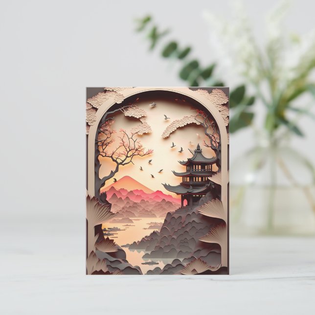 Antikes chinesisches Szenenpapier braun schneiden Postkarte (Stehend Vorderseite)