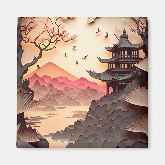 Antikes Chinesisches SzenenpapierCut Brown Square  Magnet (Vorne)