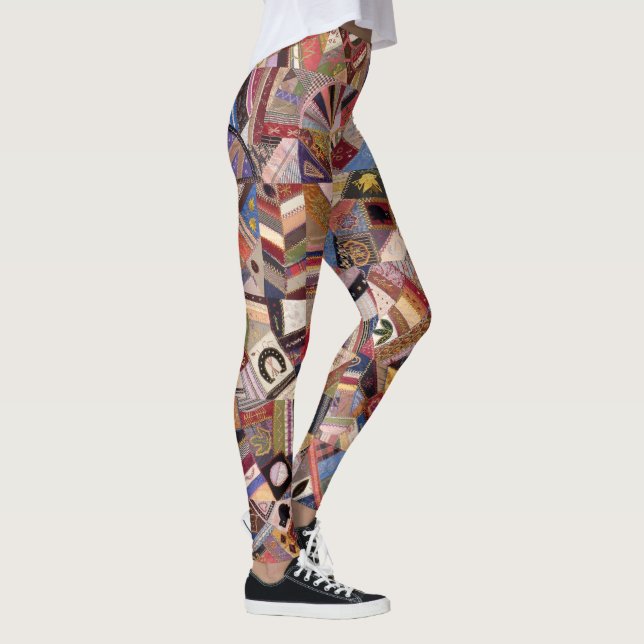 Antikes Crazy Quilt Muster Kunstgewerbekunde Leggings (Rechts)
